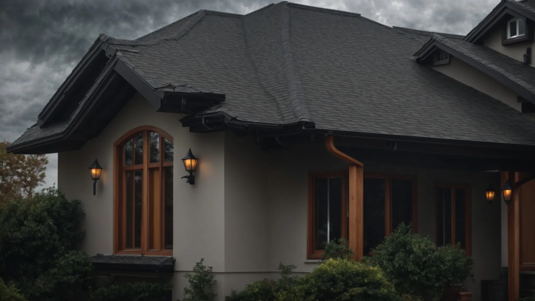 a dramatic sky filled with swirling gray clouds looms ominously over a house, highlighting a freshly inspected, well-maintained roof shimmering with raindrops, symbolizing the importance of proactive roofing check-ups during bad weather.